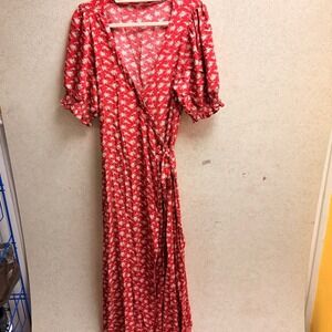 Natural Life XL Womens Red Floral Wrap Puff Sleeve Boho Festival Soft Maxi Dress